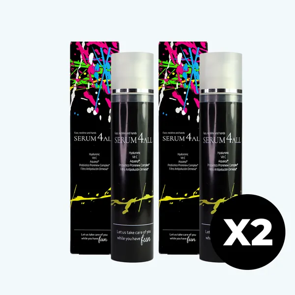 Imagen del pack SERUM4ALL® y VITALDERM 4 ALL®, productos para hidratar y reforzar la piel desde el interior y el exterior.